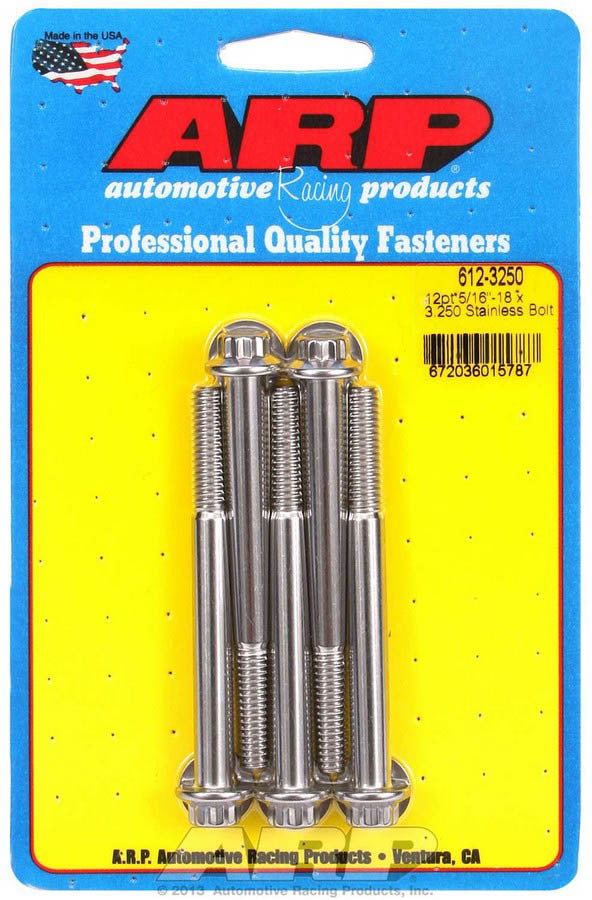 ARP 612-3250 Stainless Steel Bolt Kit, 5/16-18 Thread, 3.25 Inch Length, 12-Point Head, Polished Finish, Set of 5