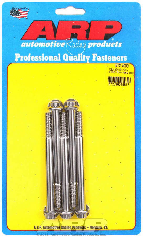 ARP 612-4000 Stainless Steel Bolt Kit, 5/16-18 Thread, 4 Inch Length, 12-Point Head, Polished Finish, Set of 5