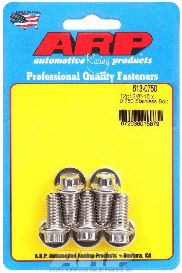 ARP 613-0750 Stainless Steel Bolt Kit, 3/8-16 Thread, 0.75 Inch Length, 12-Point Head, Polished Finish, Set of 5