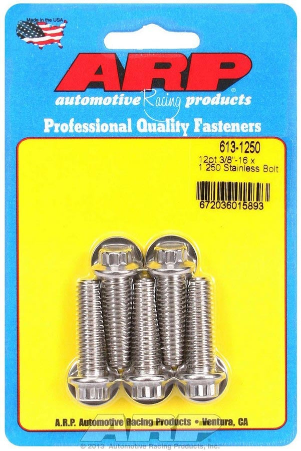 ARP 613-1250 Stainless Steel Bolt Kit, 3/8-16 Thread, 1.25 Inch Length, 12-Point Head, Polished Finish, Set of 5