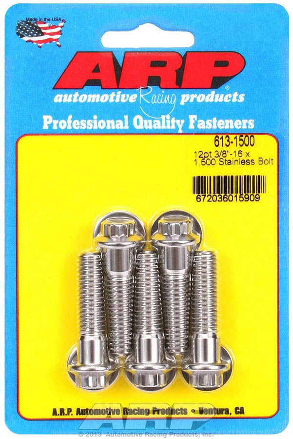 ARP 613-1500 Stainless Steel Bolt Kit, 3/8-16 Thread, 1.5 Inch Length, 12-Point Head, Polished Finish, Set of 5