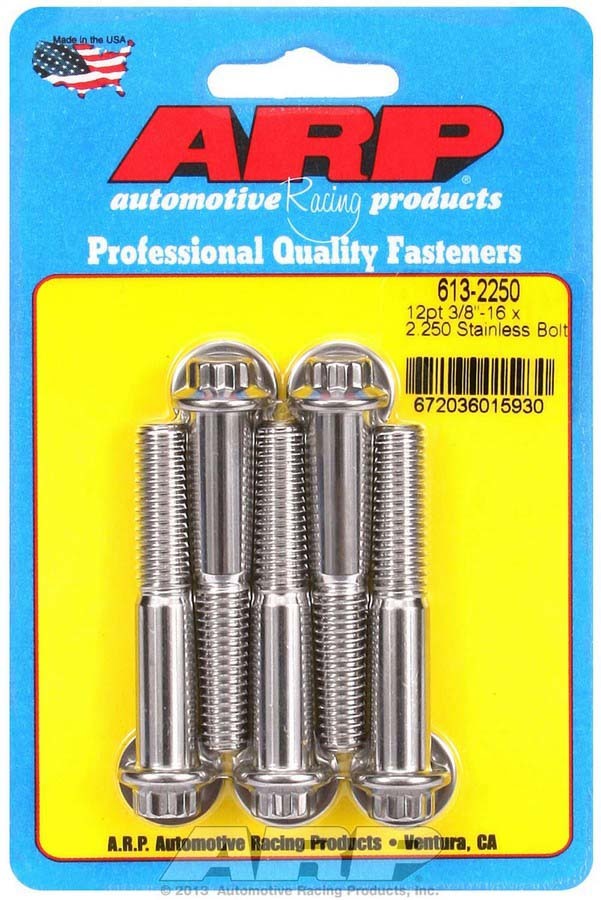 ARP 613-2250 Stainless Steel Bolt Kit, 3/8-16 Thread, 2.25 Inch Length, 12-Point Head, Polished Finish, Set of 5