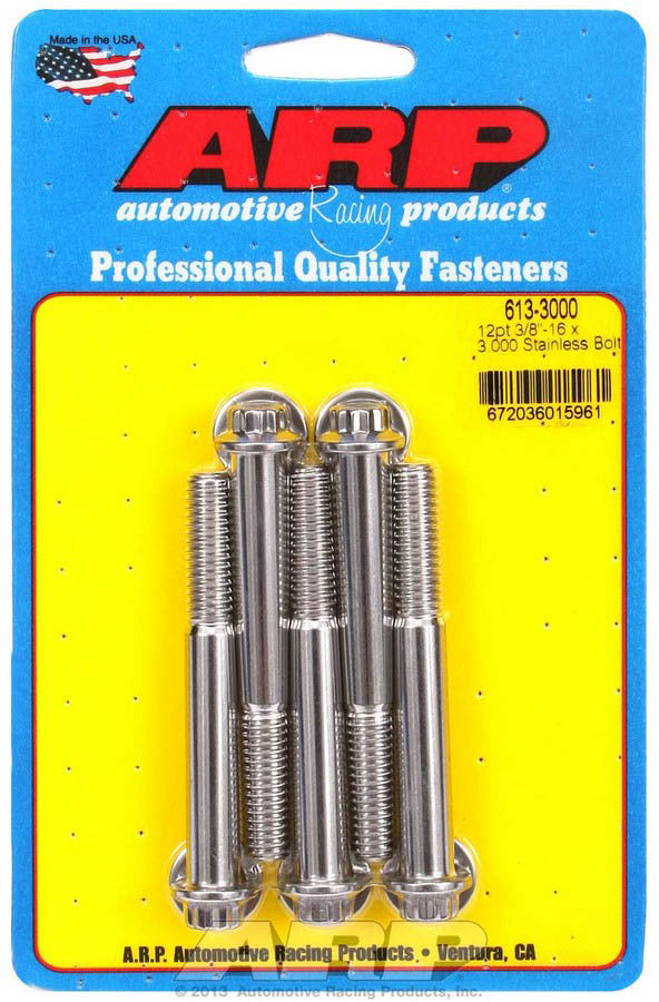 ARP 613-3000 Stainless Steel Bolt Kit, 3/8-16 Thread, 3 Inch Length, 12-Point Head, Polished Finish, Set of 5