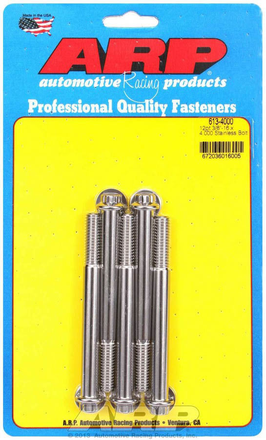 ARP 613-4000 Stainless Steel Bolt Kit with 3/8-16 Threads, 4 Inch Length, 12-Point Head, Polished Finish, Set of 5