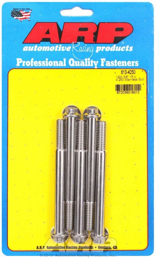 ARP 613-4250 Stainless Steel Bolt Kit, 3/8-16 Thread, 4.25 Inches Long, 12-Point Head, Polished Finish, Set of 5