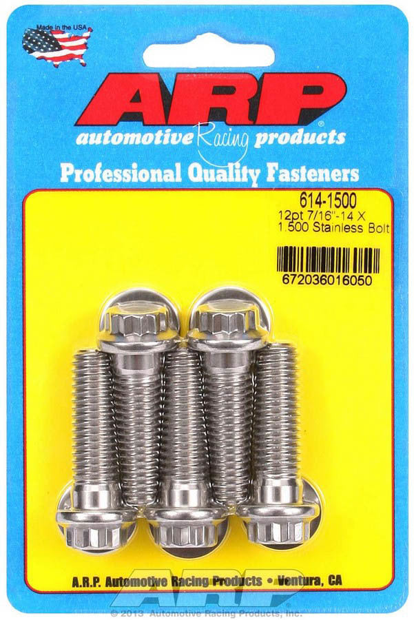 ARP 614-1500 Stainless Steel Bolt Kit, 7/16-14 Thread, 1.5 Inch Length, 1/2 Inch 12-Point Head, Set of 5