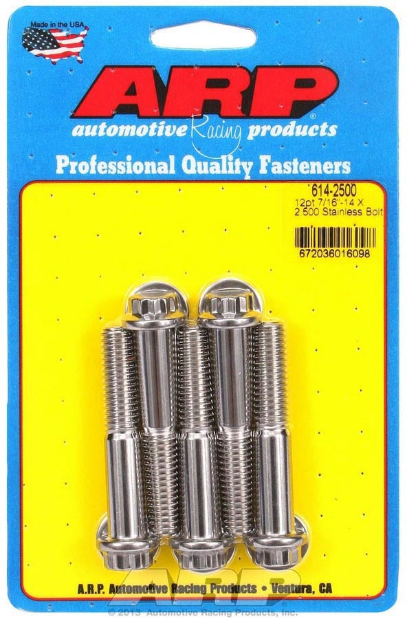 ARP 614-2500 Stainless Steel Bolt Kit, 7/16-14 Thread, 2.5 Inch Length, 1/2 Inch 12-Point Head, Set of 5
