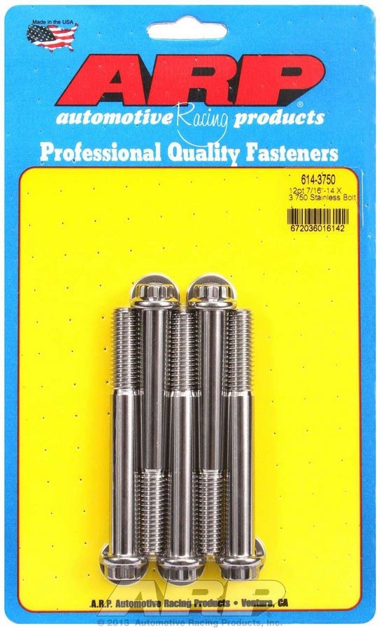 ARP 614-3750 Stainless Steel Bolt Kit, 7/16-14 Thread, 3.75 Inch Length, 1/2 Inch 12-Point Head, Polished Finish, Set of 5