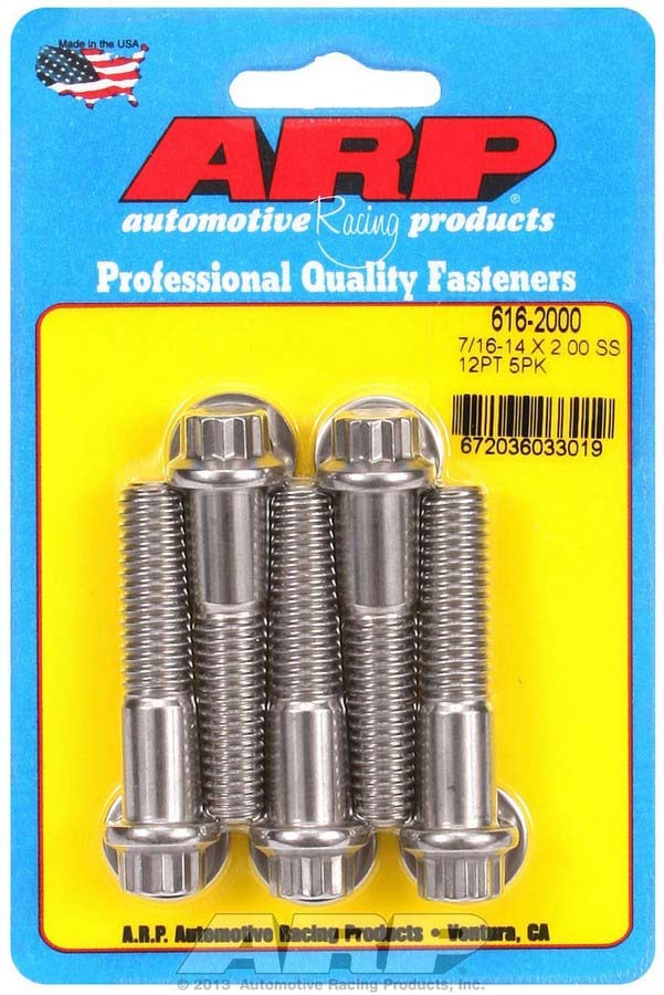 ARP 616-2000 Stainless Steel Bolt Kit, 7/16-14 Thread, 2 Inch Length, 12 Point Head, Polished Finish, Set of 5