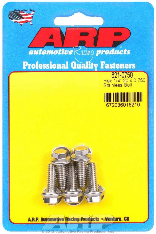 ARP 621-0750 Stainless Steel 1/4-20 x 3/4 Inch Hex Head Bolt Set of 5