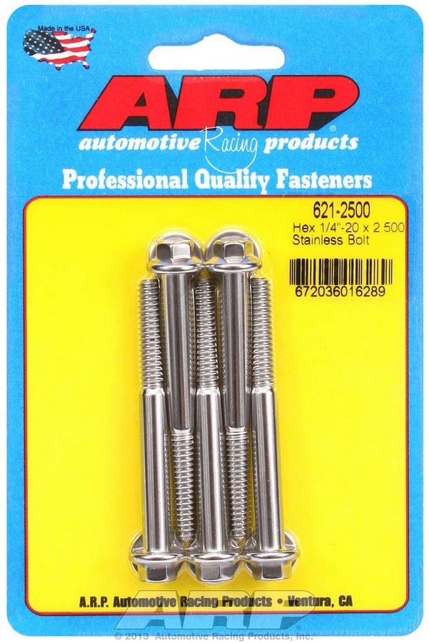 ARP 621-2500 Stainless Steel Bolt Kit, 1/4-20 Thread, 2.5 Inches Long, 5/16 Inch Hex Head, Polished Finish, Set of 5