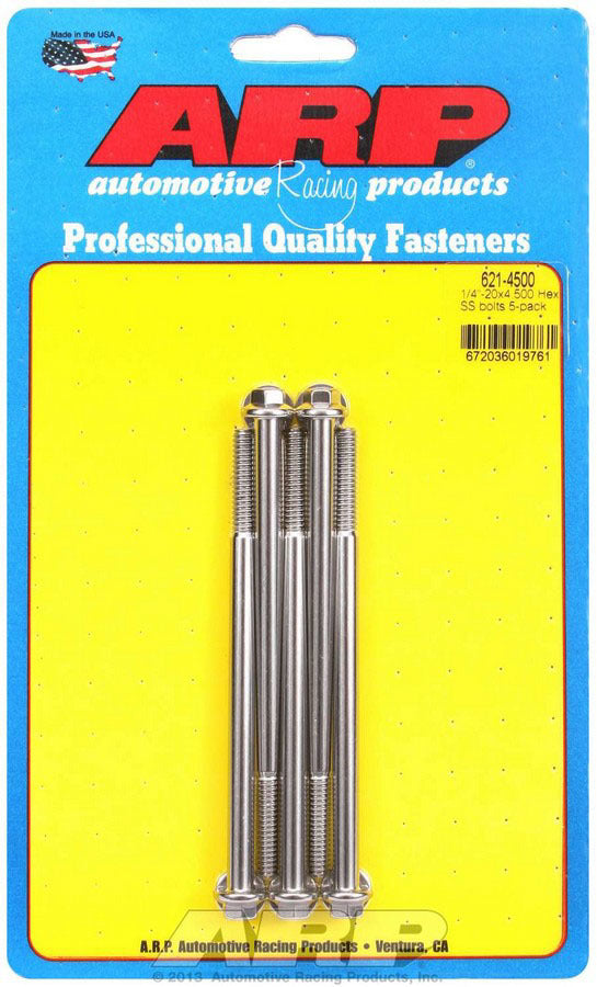 ARP 621-4500 Stainless Steel Bolt Kit with 1/4-20 Inch Thread, 4.5 Inch Length, 5/16 Inch Hex Head, Polished Finish, Set of 5