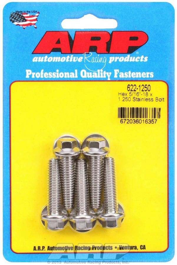 ARP 622-1250 Stainless Steel Bolt Kit, 5/16-18 Thread, 1.25 Inch Length, 3/8 Inch Hex Head, Polished Finish, Set of 5