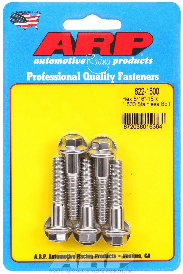 ARP 622-1500 Stainless Steel Bolt Kit with 5/16-18 Thread, 1.5 Inch Length, 3/8 Inch Hex Head, Polished Finish, Set of 5