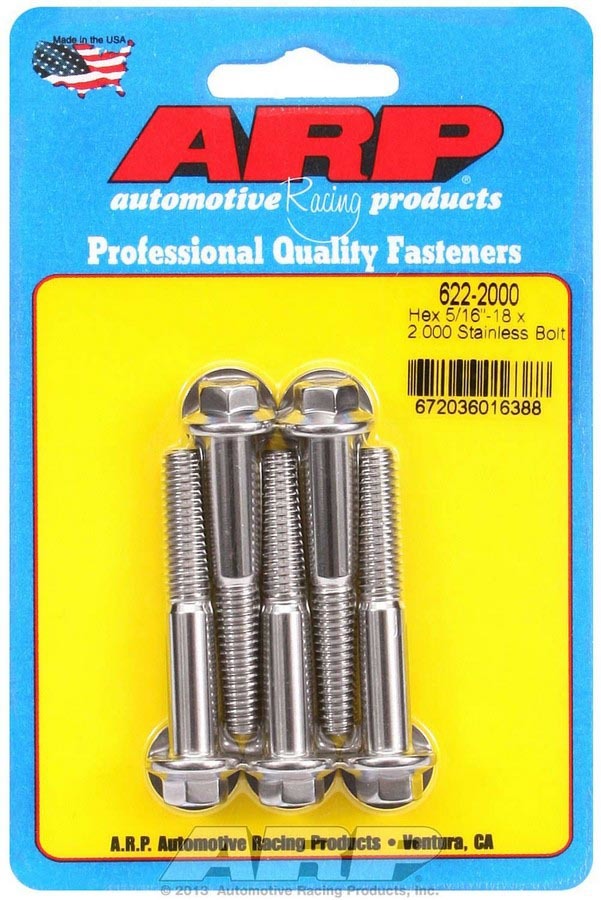 ARP 622-2000 Stainless Steel Bolt Kit, 5/16-18 Thread, 2 Inch Length, 3/8 Inch Hex Head, Universal Set of 5