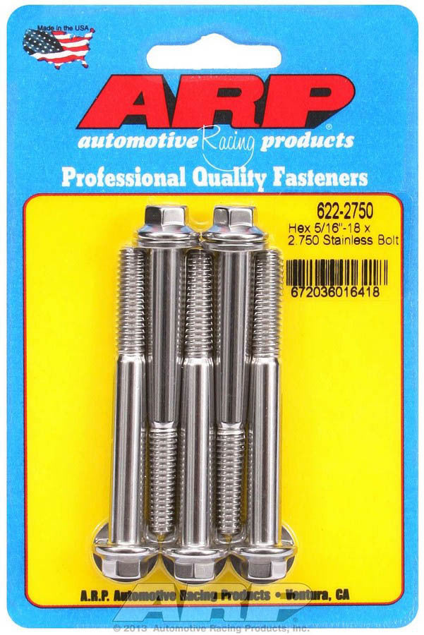 ARP 622-2750 Stainless Steel Bolt Kit, 5/16-18 Thread, 2.75 Inches Long, 3/8 Inch Hex Head, Polished Finish, Set of 5