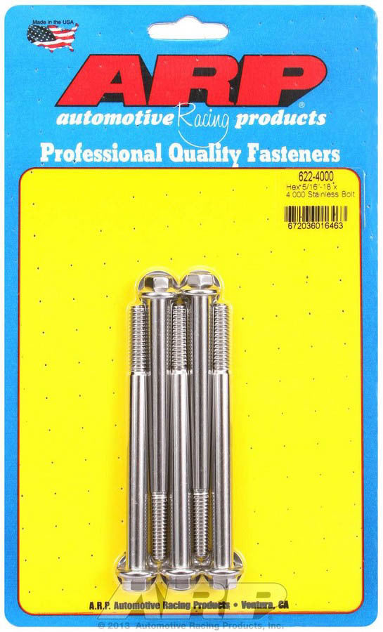 ARP 622-4000 Stainless Steel Bolt Kit, 5/16-18 Thread, 4 Inch Length, 3/8 Inch Hex Head, Set of 5