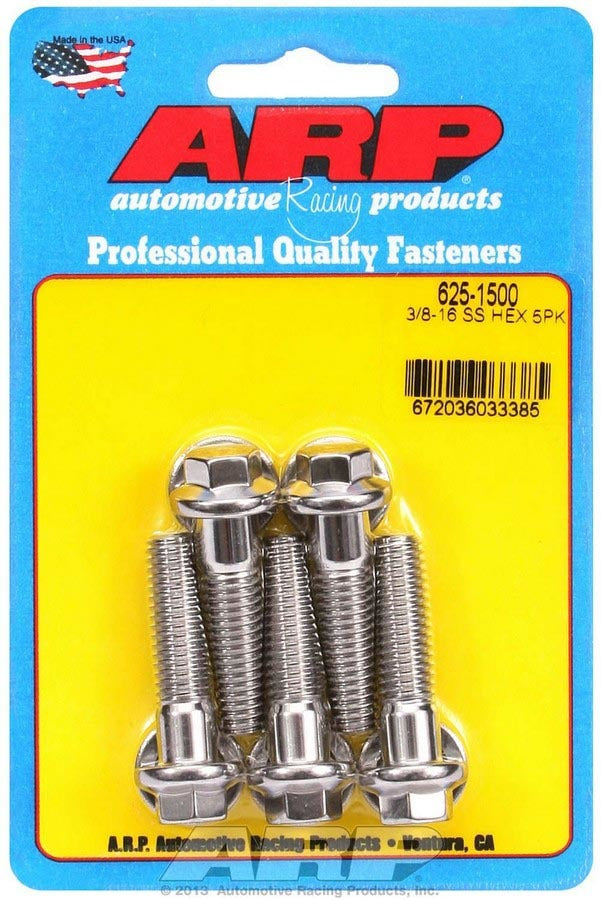 ARP 625-1500 Stainless Steel Bolt Kit, 3/8-16 Thread, 1.5 Inch Length, 7/16 Inch Hex Head, Polished Finish, Set of 5
