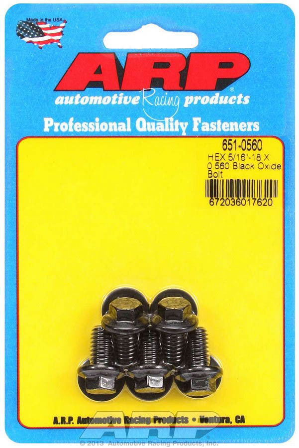 ARP Bolt Kit 651-0560, 5/16-18 Thread, 0.56 Inch Length, Steel with Black Oxide Finish, 3/8 Inch Hex Head, Set of 5