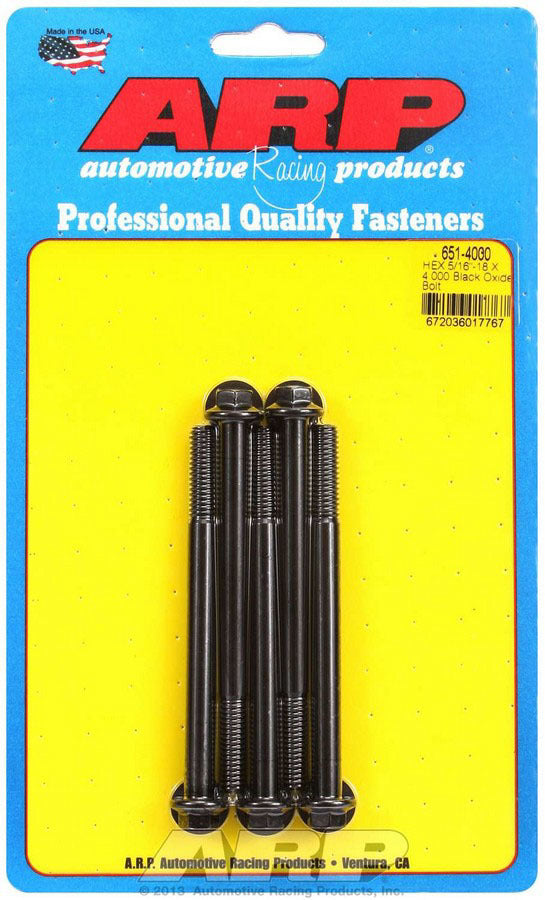 ARP 651-4000 Bolt Kit, 5/16-18 Thread, 4 Inch Length, 3/8 Inch Hex Head, Chromoly, Black Oxide Finish, Set of 5