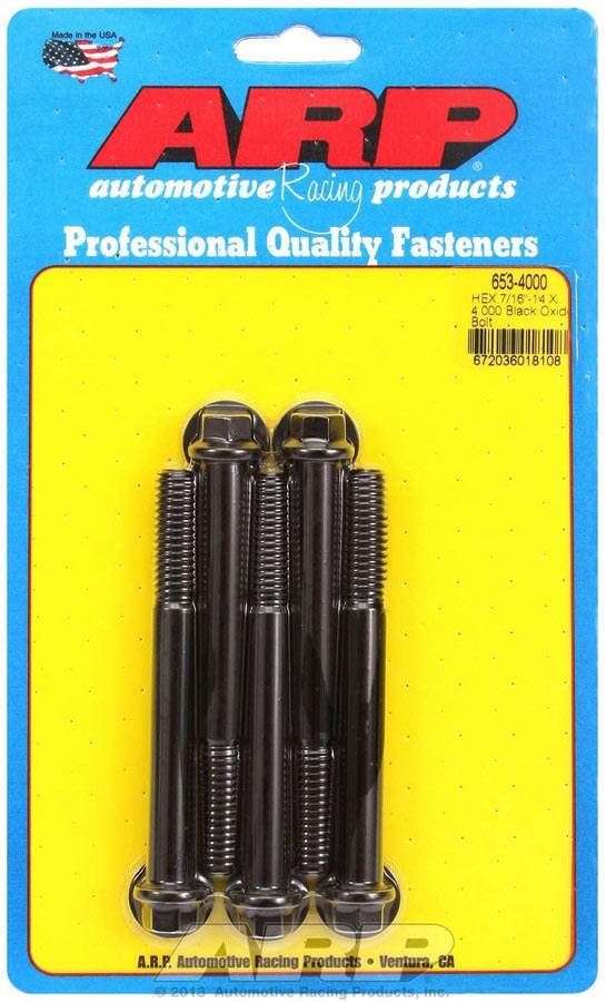 ARP 653-4000 Bolt Kit, 7/16-14 Thread, 4 Inch Length, 7/16 Inch Hex Head, Chromoly Steel, Black Oxide Finish, Set of 5