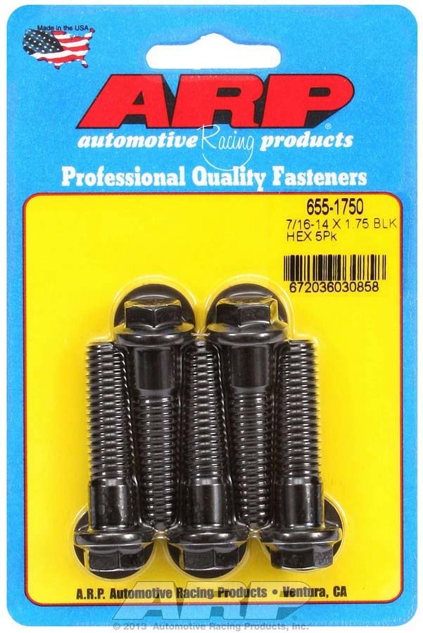 ARP 655-1750 Bolt Kit, 7/16-14 Thread, 1.75 Inch Length, 1/2 Inch Hex Head, Chromoly Steel, Black Oxide Finish, Set of 5