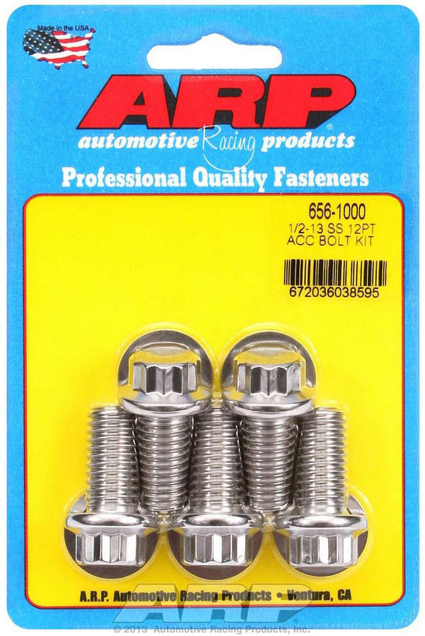 ARP 656-1000 Stainless Steel Bolt Kit 1/2-13 x 1 Inch, 12-Point Head, Polished Finish, Set of 5
