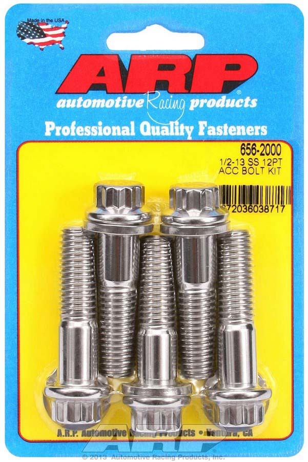 ARP 656-2000 Stainless Steel Bolt Kit, 1/2-13 Thread, 2 Inch Length, 12-Point Head, Polished Finish, Set of 5