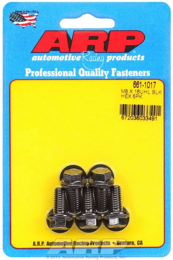 ARP 661-1017 Bolt Kit with 8mm x 1.25 Thread, 16mm Length, 10mm Hex Head, Chromoly Steel, Black Oxide Finish, Set of 5