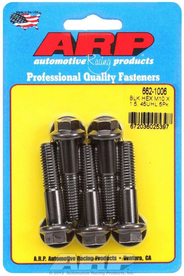 ARP 662-1006 Bolt Kit with 10mm x 1.50 Thread, 45mm Length, 12mm Hex Head, Chromoly Steel, Black Oxide Finish, Set of 5