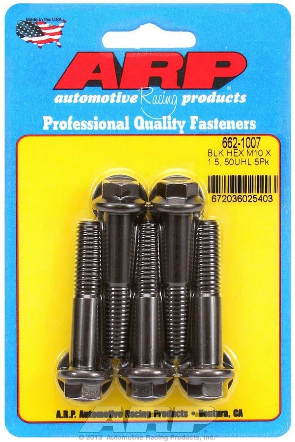 ARP 662-1007 Bolt Kit, 10mm x 1.50 Thread, 50mm Length, 12mm Hex Head, Chromoly Steel, Black Oxide Finish, Set of 5