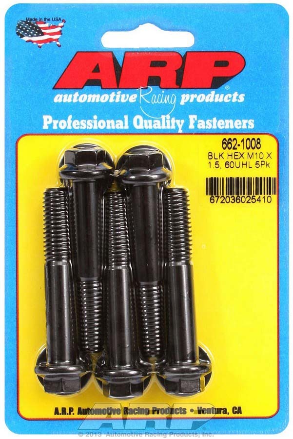 ARP 662-1008 Bolt Kit, 10mm x 1.50 Thread, 60mm Length, 12mm Hex Head, Chromoly Steel, Black Oxide Finish, Set of 5