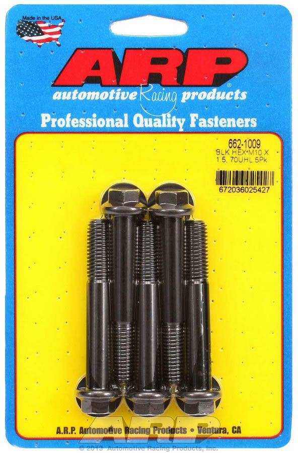 ARP 662-1009 Bolt Kit with 10mm x 1.50 Thread, 70mm Length, 12mm Hex Head, Chromoly Steel, Black Oxide Finish, Set of 5