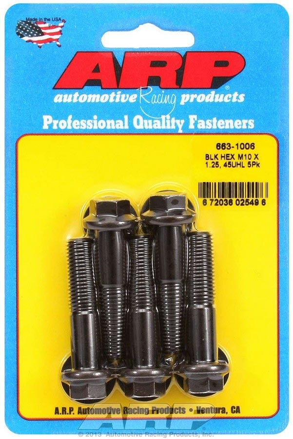 ARP 663-1006 Bolt Kit, 10 mm x 1.25 Thread, 45 mm Length, 12 mm Hex Head, Chromoly Steel, Black Oxide Finish, Set of 5
