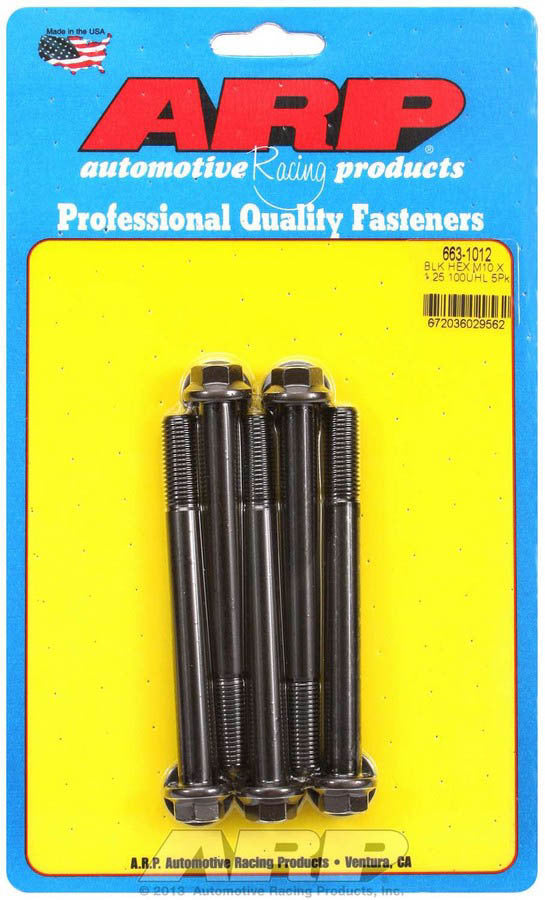 ARP 663-1012 Bolt Kit, 10mm x 1.25 Threads, 100mm Length, 12mm Hex Head, Chromoly Steel, Black Oxide Finish, Set of 5