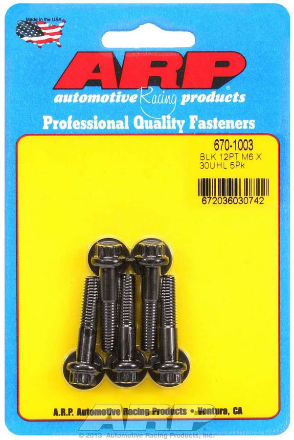 ARP 670-1003 Bolt Kit, 6mm x 1.00 Thread, 30mm Length, 8mm 12-Point Head, Chromoly, Black Oxide Finish, Set of 5