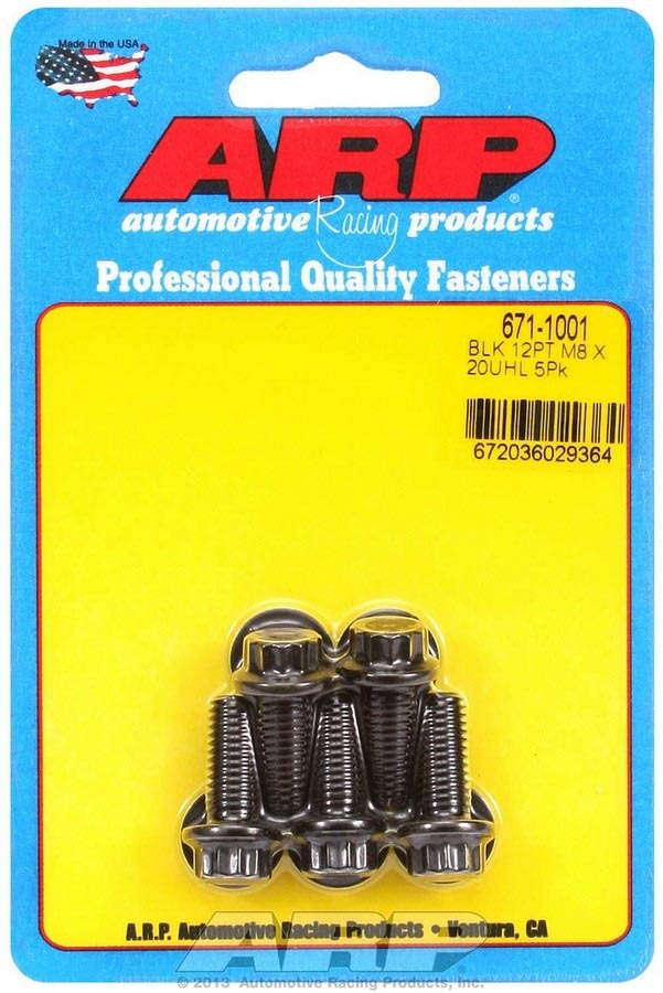 ARP 671-1001 Bolt Kit, 8 mm x 1.25 Thread, 20 mm Length, 12-Point Head, Chromoly Steel, Black Oxide Finish, Set of 5