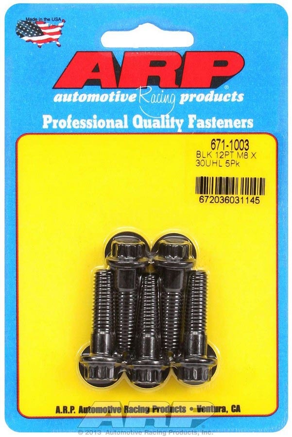 ARP 671-1003 Bolt Kit, 8mm x 1.25 Thread, 30mm Length, 12-Point Head, Chromoly Steel, Black Oxide Finish, Set of 5