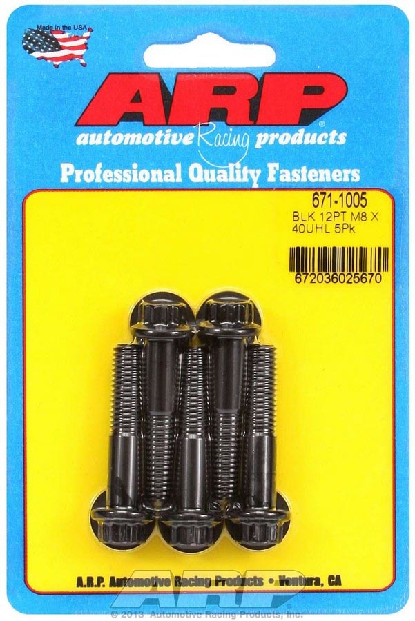 ARP 671-1005 Bolt Kit, 8 mm x 1.25 Thread, 40 mm Length, 12-Point Head, Chromoly Steel, Black Oxide Finish, Set of 5