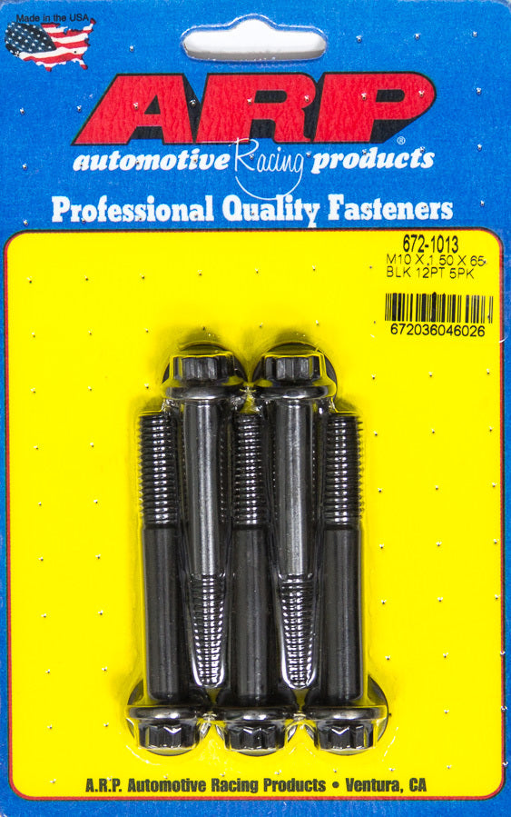 ARP 672-1013 Bolt Kit, 10mm x 1.50 Thread, 65mm Length, 12-Point Head, Chromoly Steel, Black Oxide Finish, Set of 5