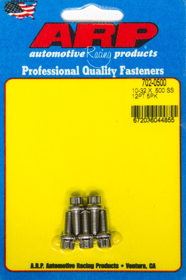 ARP 702-0500 Stainless Steel Bolt Kit, 10-32 Thread, 0.5 Inch Length, 1/4 Inch 12-Point Head, Polished Finish, Set of 5