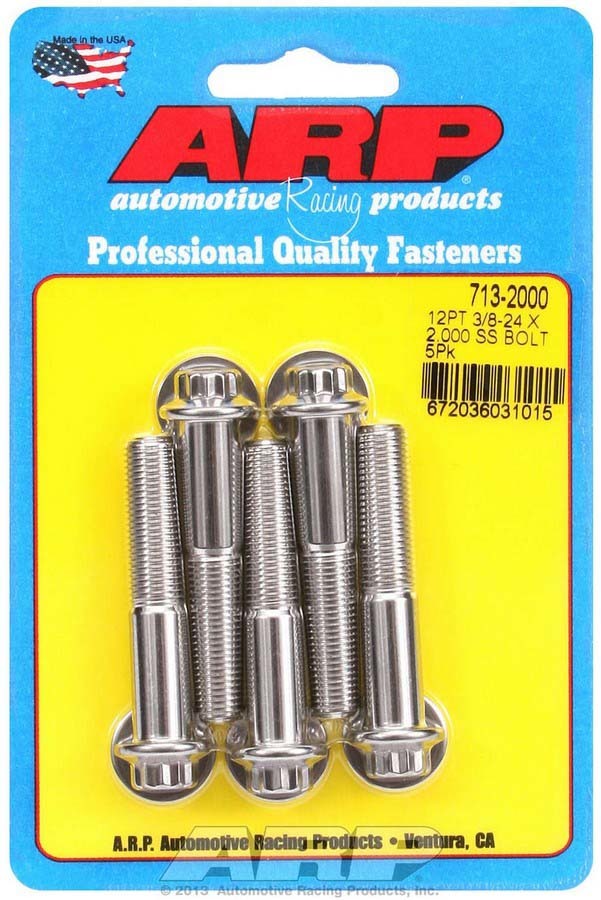 ARP 713-2000 Stainless Steel Bolt Kit, 3/8-24 Thread, 2-Inch Length, 12-Point Head, Polished Finish, Set of 5