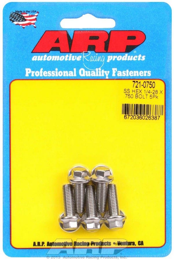 ARP 721-0750 Stainless Steel Bolt Kit, 1/4-28 Thread, 0.75 Inch Length, Polished Finish, Hex Head, Set of 5