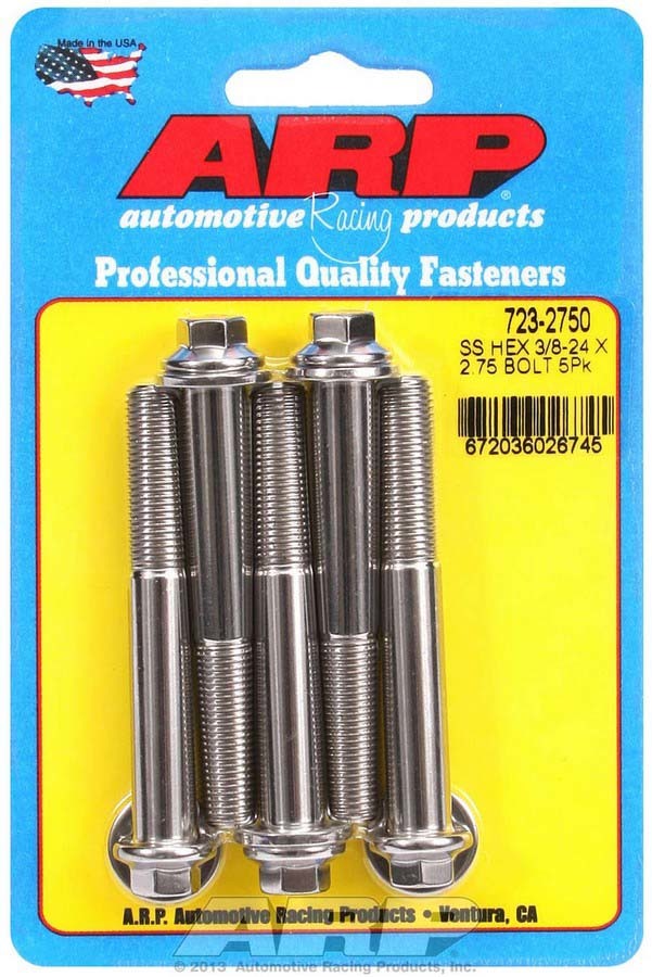 ARP 723-2750 Stainless Steel Hex Head Bolt Kit, 3/8-24 Thread, 2.75 Inch Length, Polished Finish, Set of 5
