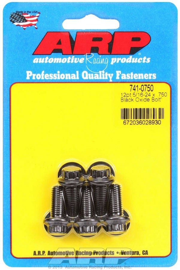 ARP Bolt Kit 741-0750, 5/16-24 Inch Thread, 0.75 Inch Length, 3/8 Inch 12-Point Head, Chromoly Steel, Black Oxide Finish, Set of 5