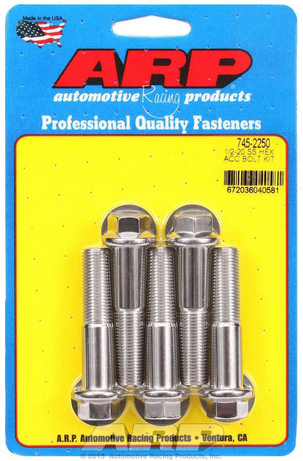 ARP 745-2250 Stainless Steel Bolt Kit, 1/2-20 Thread Size, 2.25 Inch Length, Polished Finish, Hex Head, Set of 5