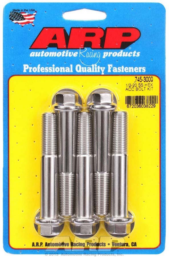 ARP 745-3000 Stainless Steel Hex Head Bolts Set of 5, 1/2-20 x 3 Inches