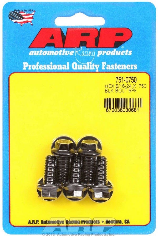 ARP 751-0750 Bolt Kit, 5/16-24 Thread, 0.75 Inch Length, 3/8 Inch Hex Head, Chromoly Steel, Black Oxide Finish, Set of 5