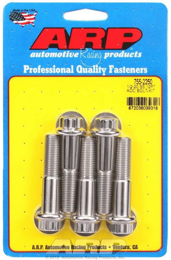 ARP 755-2250 Stainless Steel Bolt Kit with 1/2-20 Thread, 2.25 Inch Length, 12-Point Head, Polished Finish, Set of 5