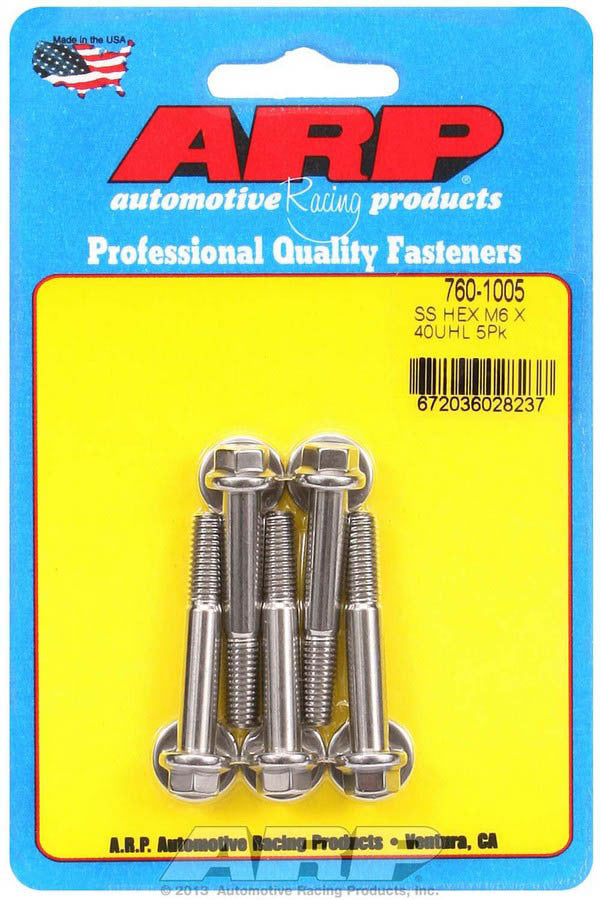 ARP 760-1005 Stainless Steel Bolt Kit, 6mm x 1.00 Thread, 40mm Length, 8mm Hex Head, Polished Finish, Set of 5